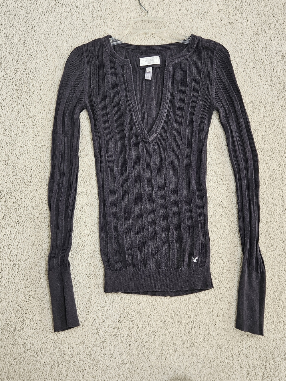 Vtg American Eagle Ribbed Sweater Thin Deep V Long Sleeve 2000s Womens M Elana